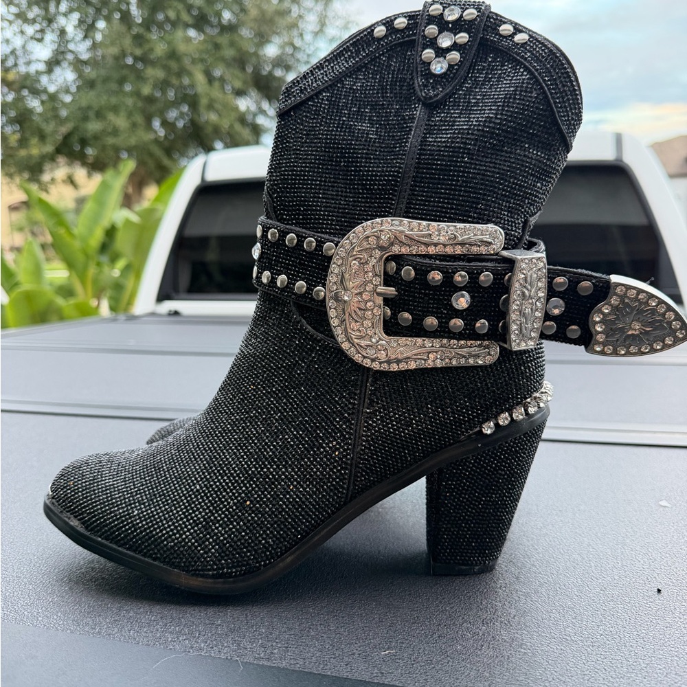 Black Rhinestone Western Ankle Boot with Decorative Buckle